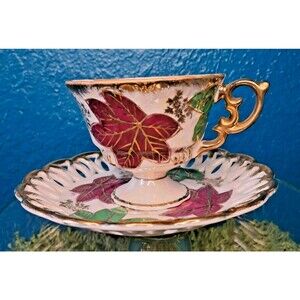Vintage Fan Crest Tea Cup and Saucer Set Hand Painted